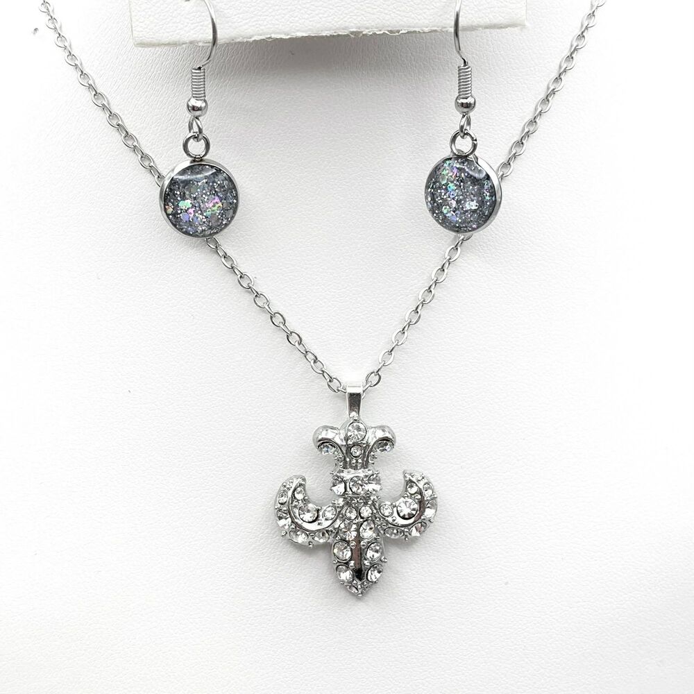 Handmade Silver Fleur De Lis Necklace & Earrings Set | Rhinestone Pendant